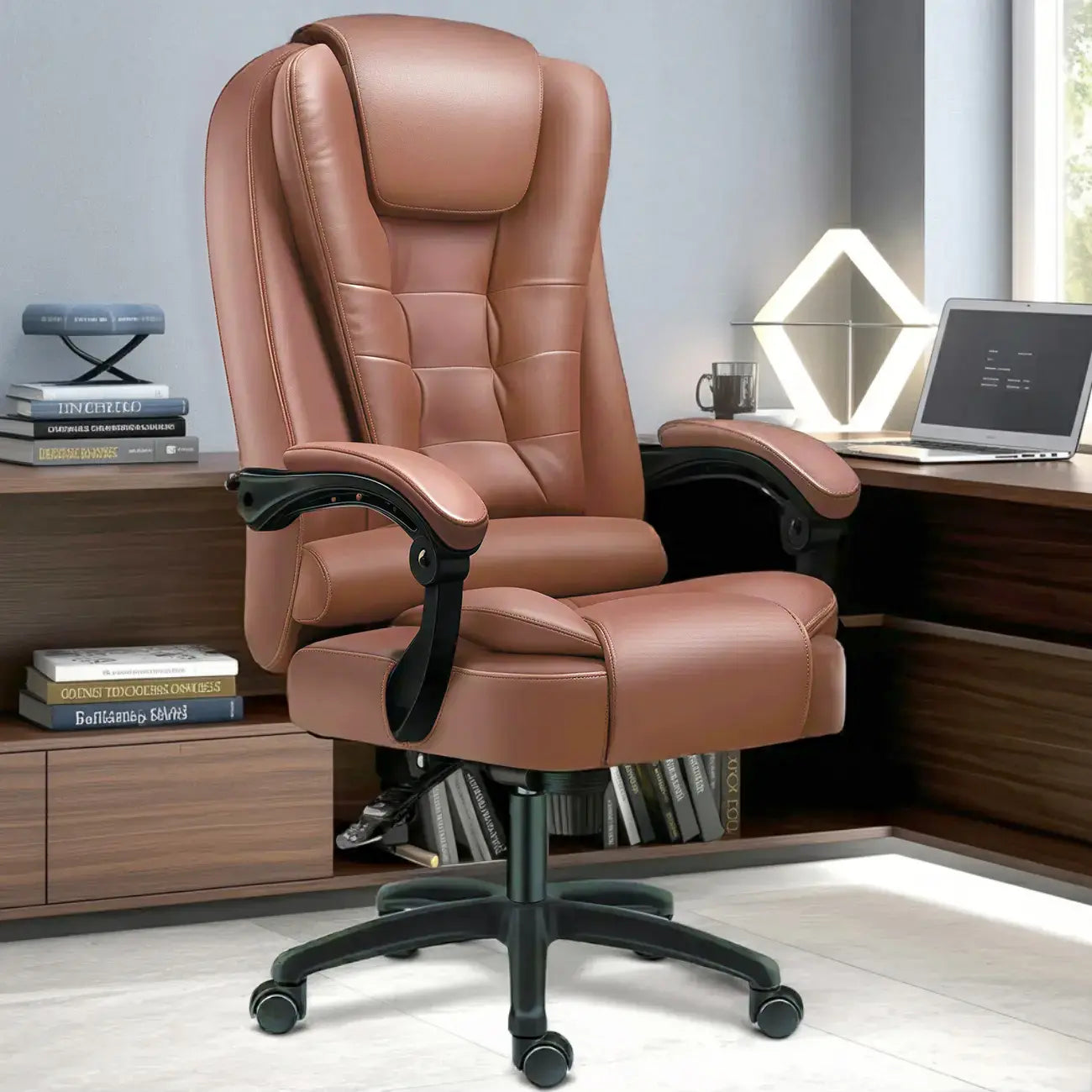 Fauteuil de bureau pivotant ergonomique en cuir noir avec repose-pieds