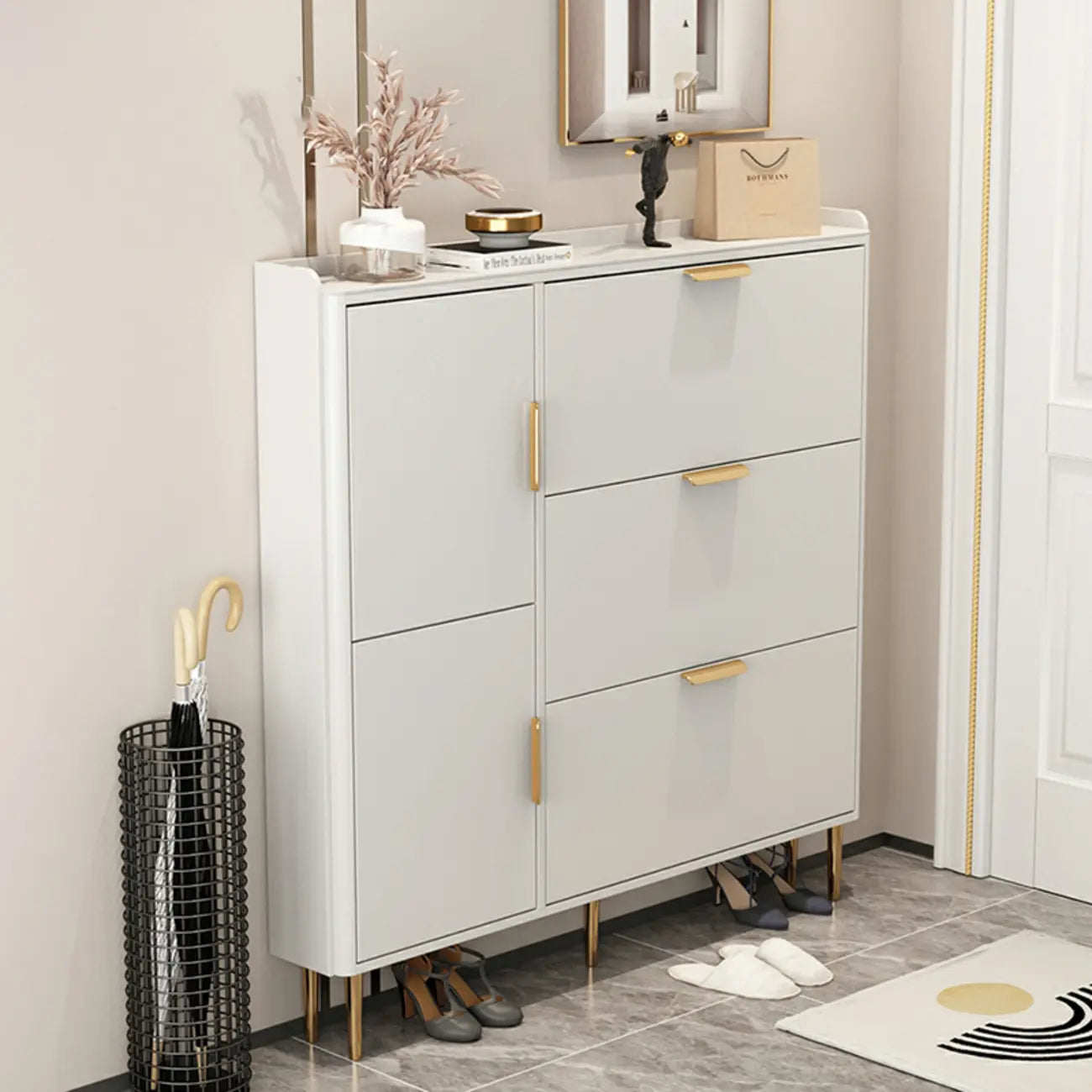 Meuble à chaussures en bois à façade rabattable avec pieds en métal