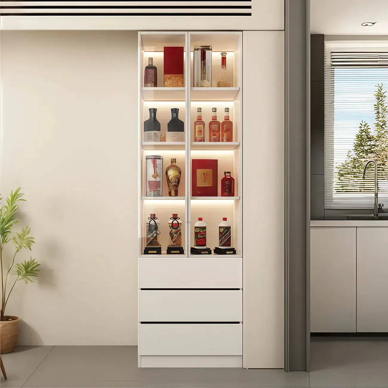 Vitrine à vin moderne en bois blanc avec portes vitrées