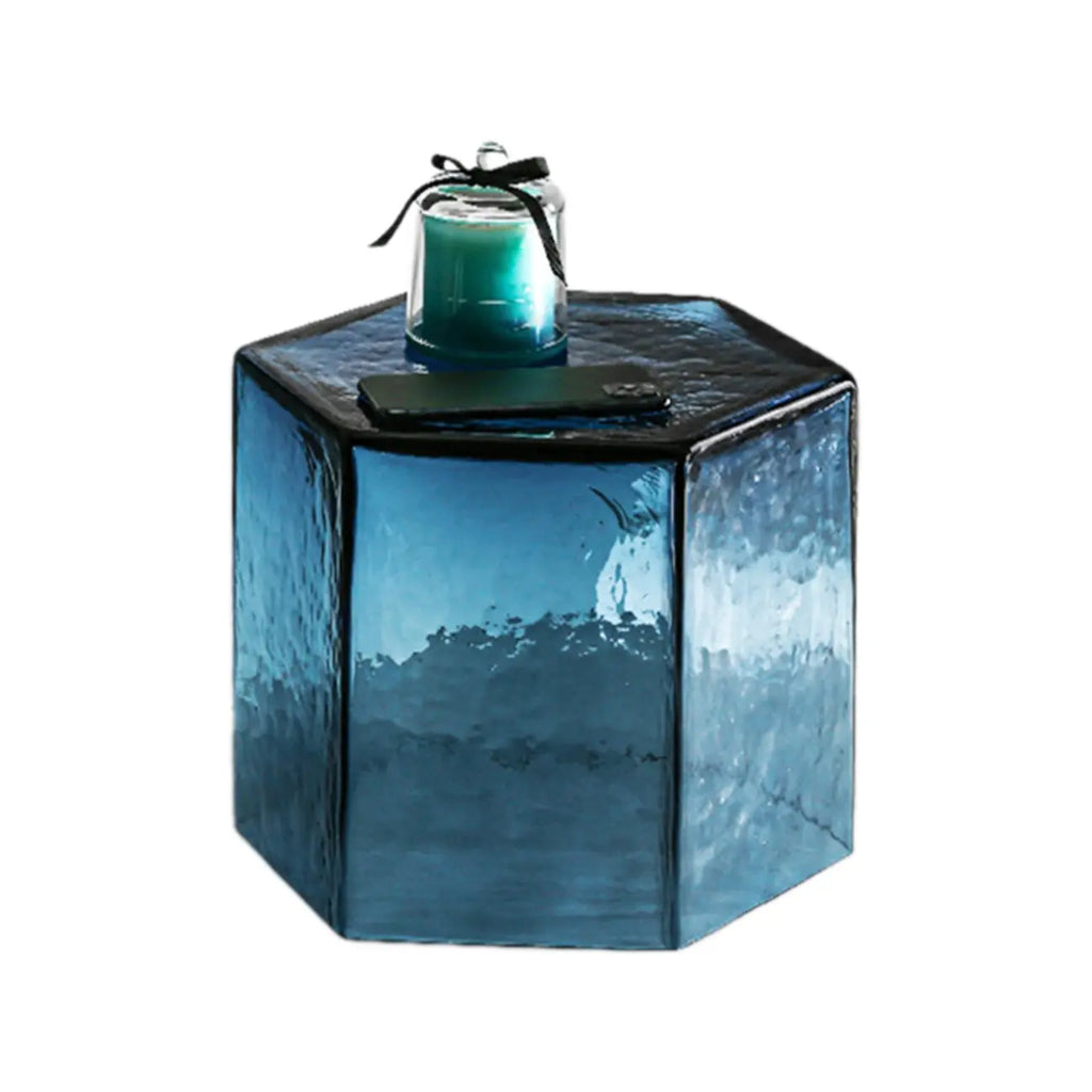 Table d'appoint hexagonale moderne en verre bleu pour salon