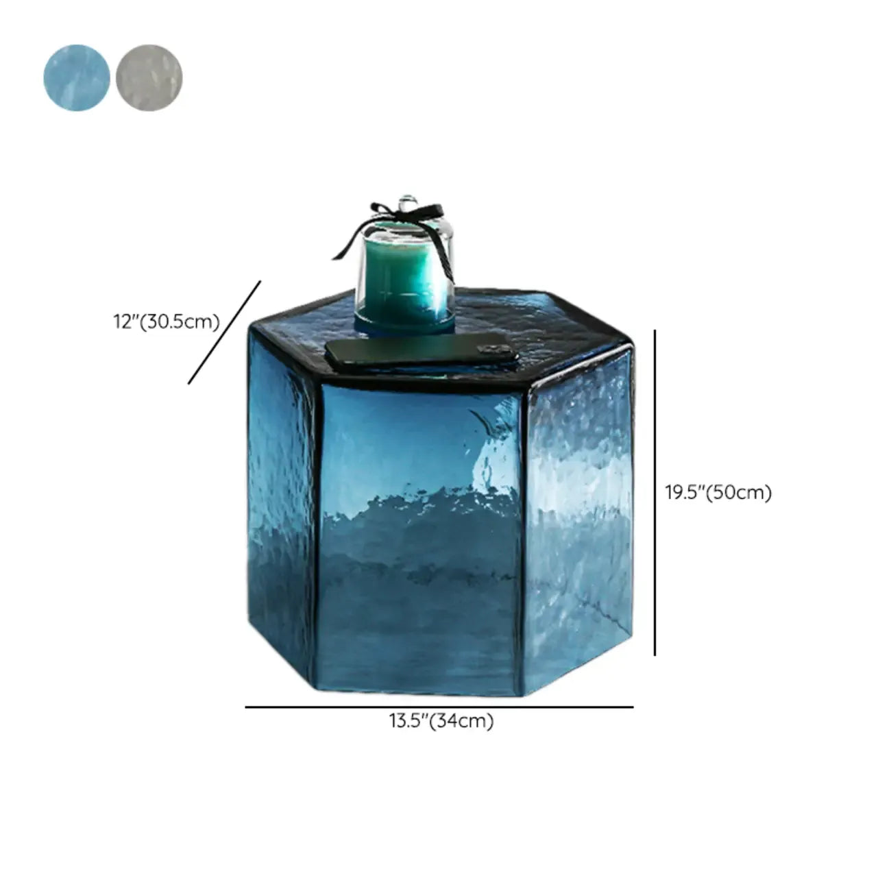 Table d'appoint hexagonale moderne en verre bleu pour salon