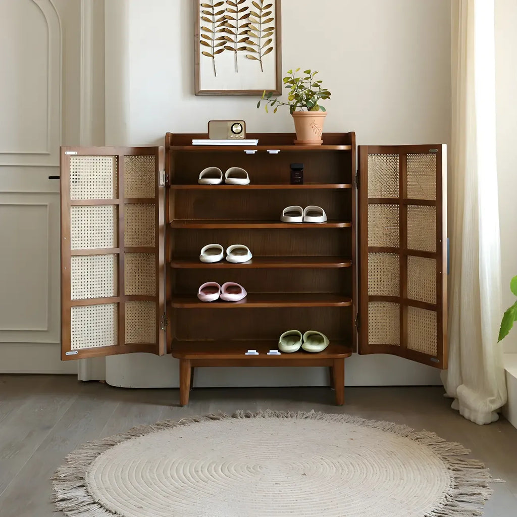 Meuble à chaussures bohème à 6 niveaux en bois massif avec porte