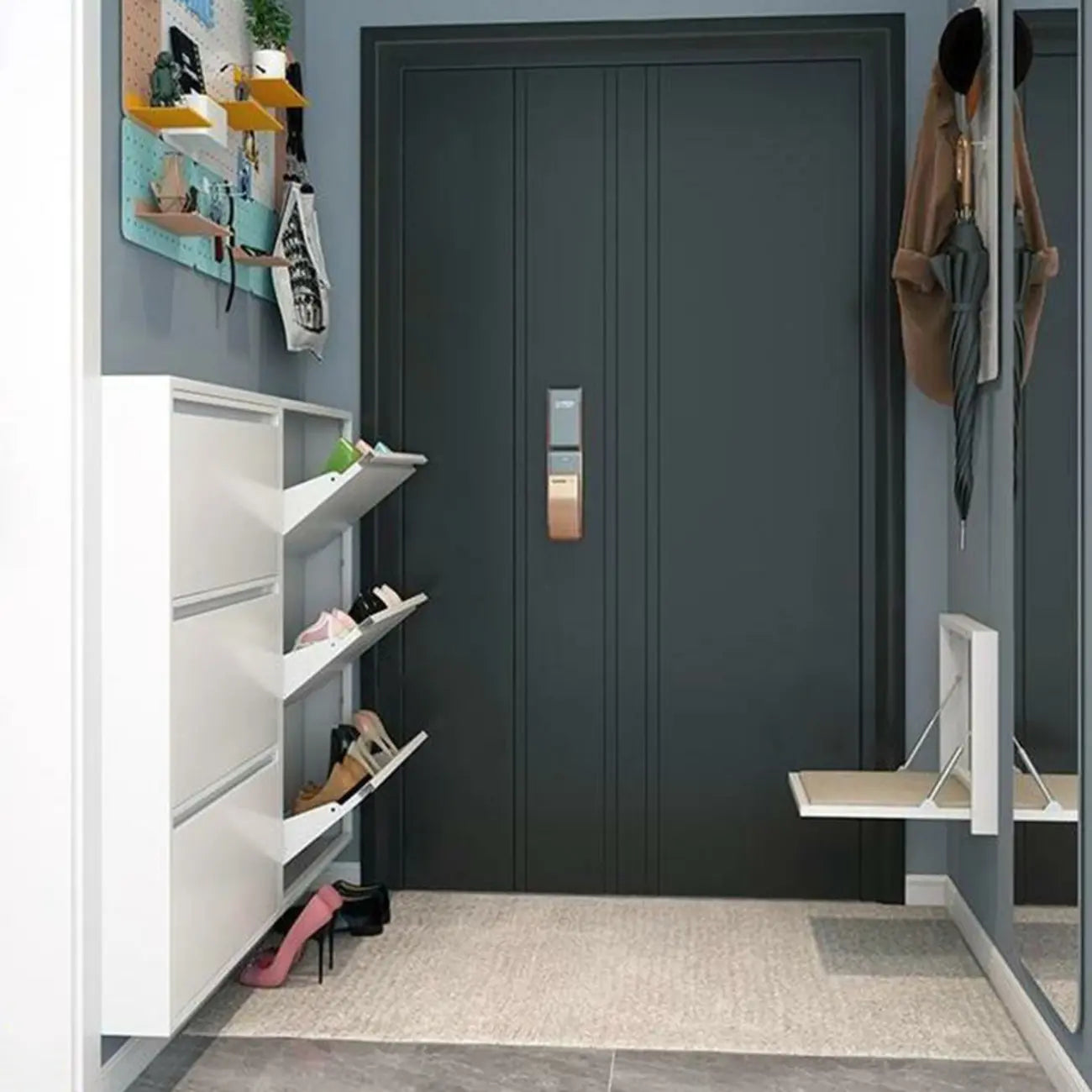 Armoire à chaussures murale en métal gris pour entrée