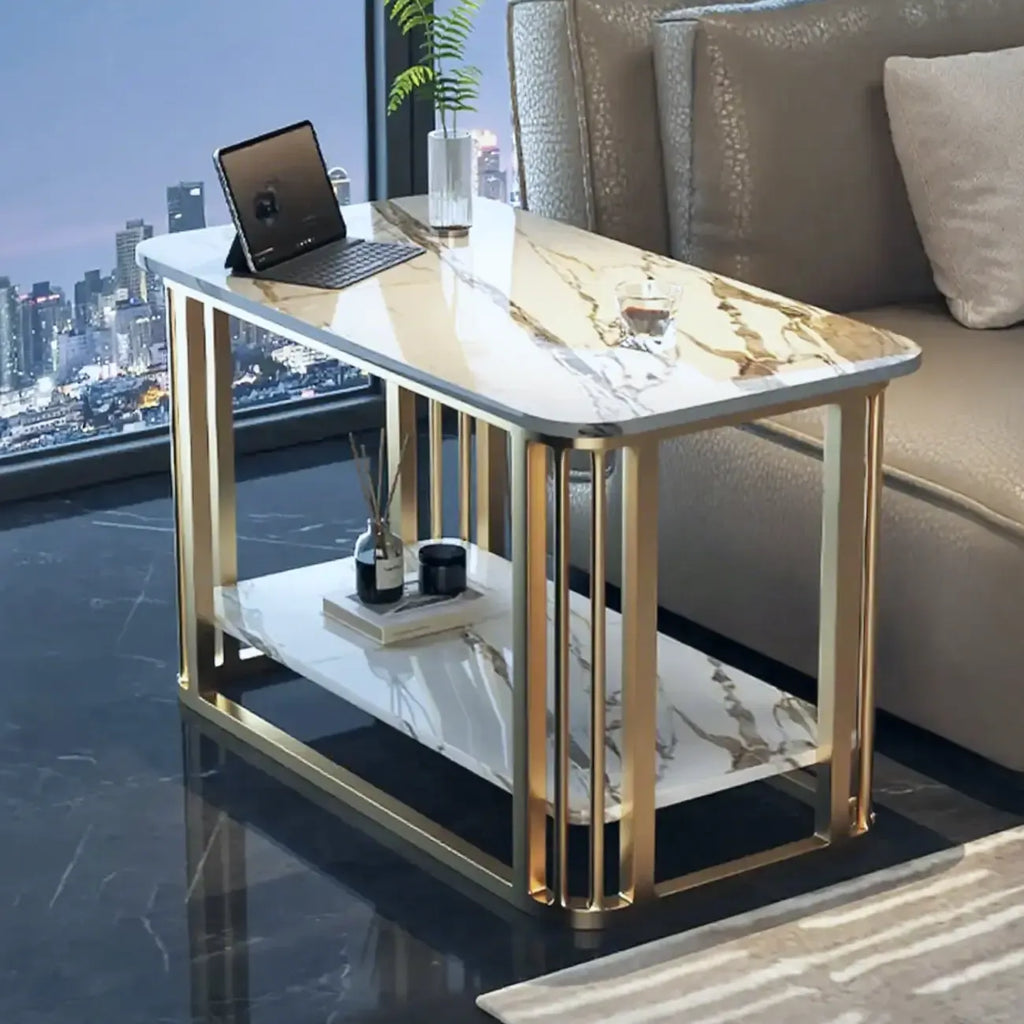Table basse rectangulaire de luxe dorée à deux niveaux avec plateau en pierre