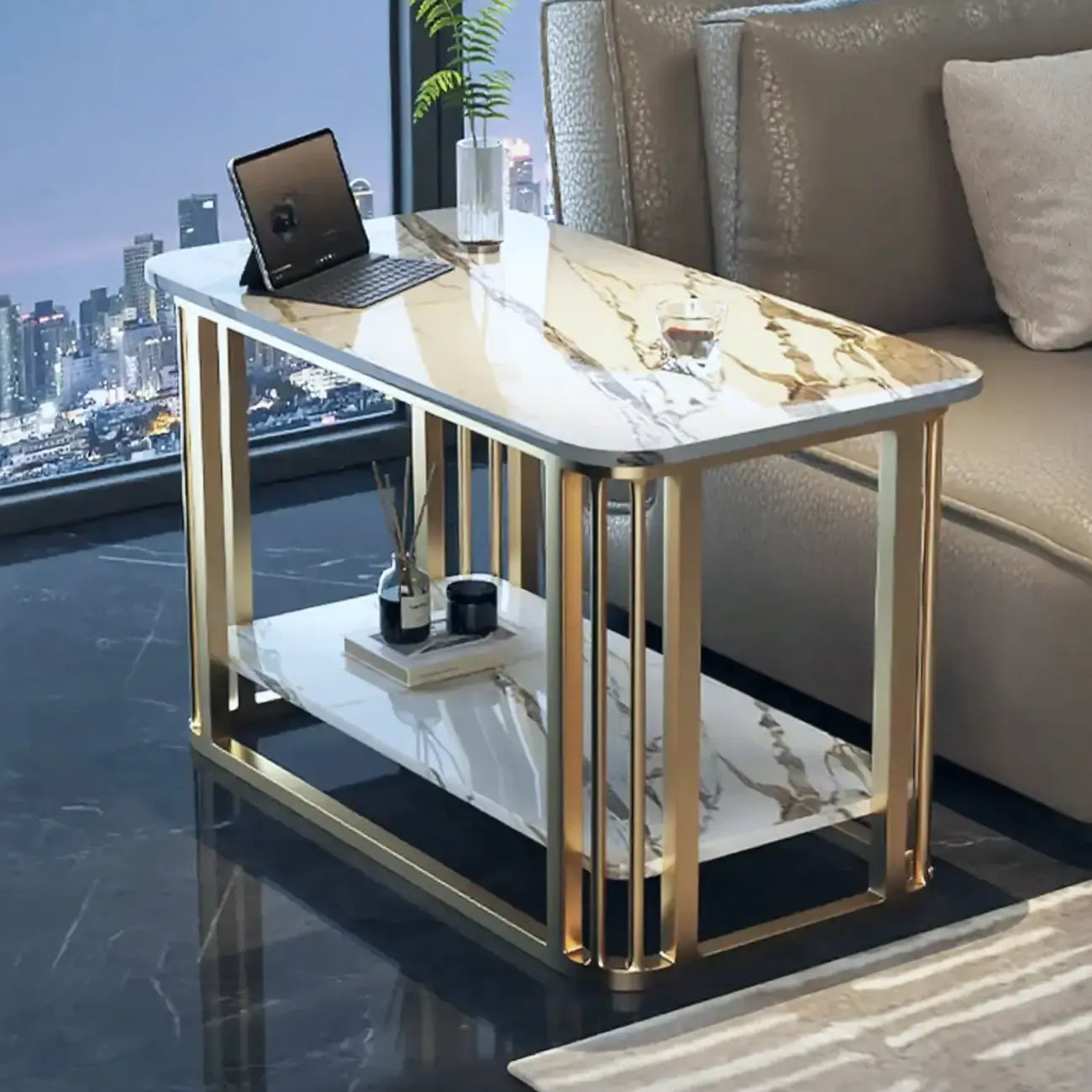 Table basse rectangulaire de luxe dorée à deux niveaux avec plateau en pierre