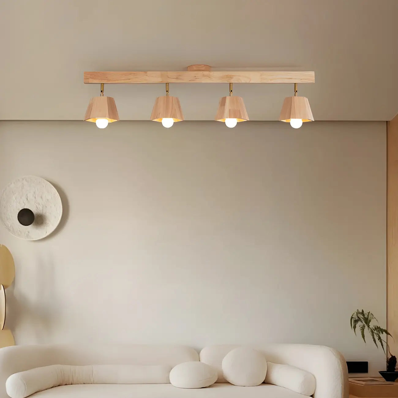 Spot sur rail semi-encastré réglable à 4 lampes en bois d'hévéa naturel