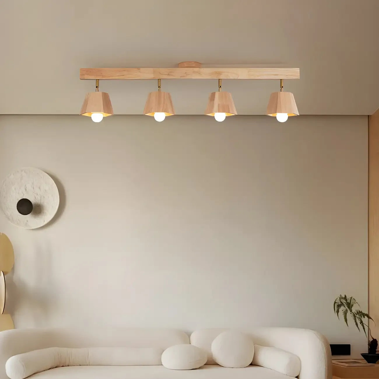 Spot sur rail semi-encastré réglable à 4 lampes en bois d'hévéa naturel