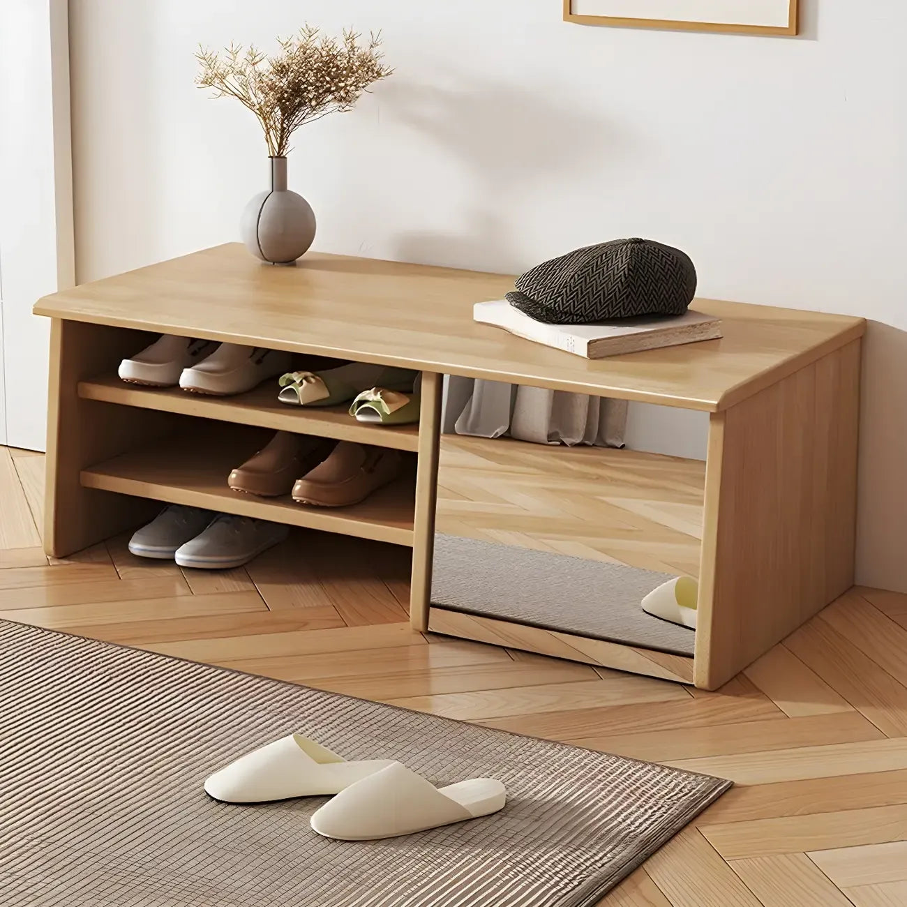 Banc à chaussures d'entrée en bois avec miroir