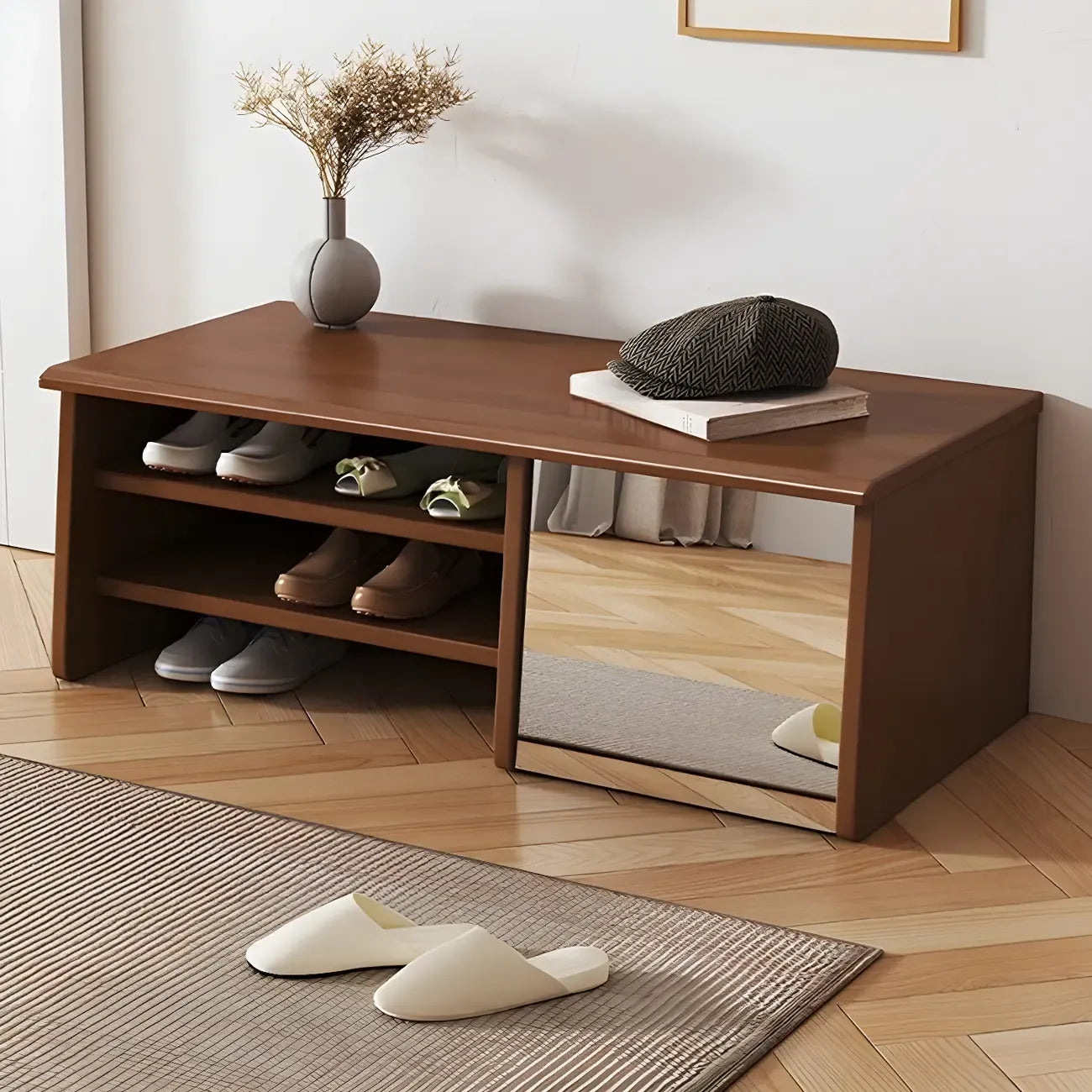 Banc à chaussures d'entrée en bois avec miroir