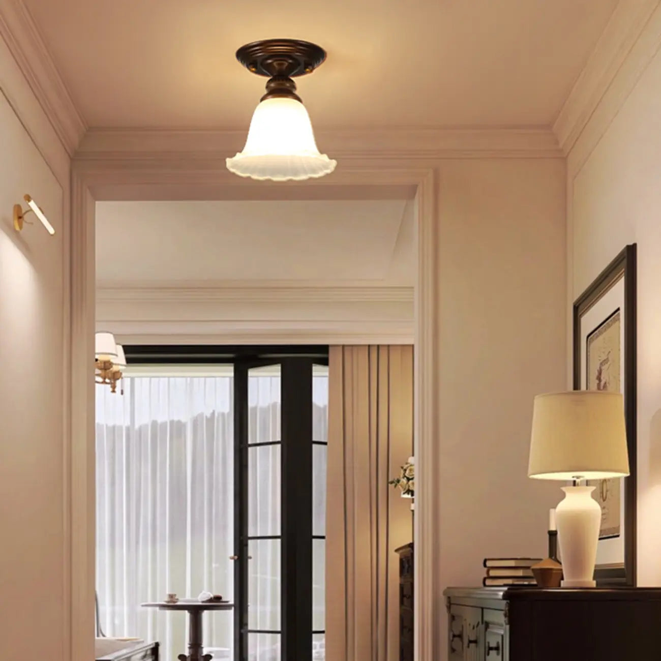 Plafonnier semi-encastré vintage en verre dépoli brun à motif floral