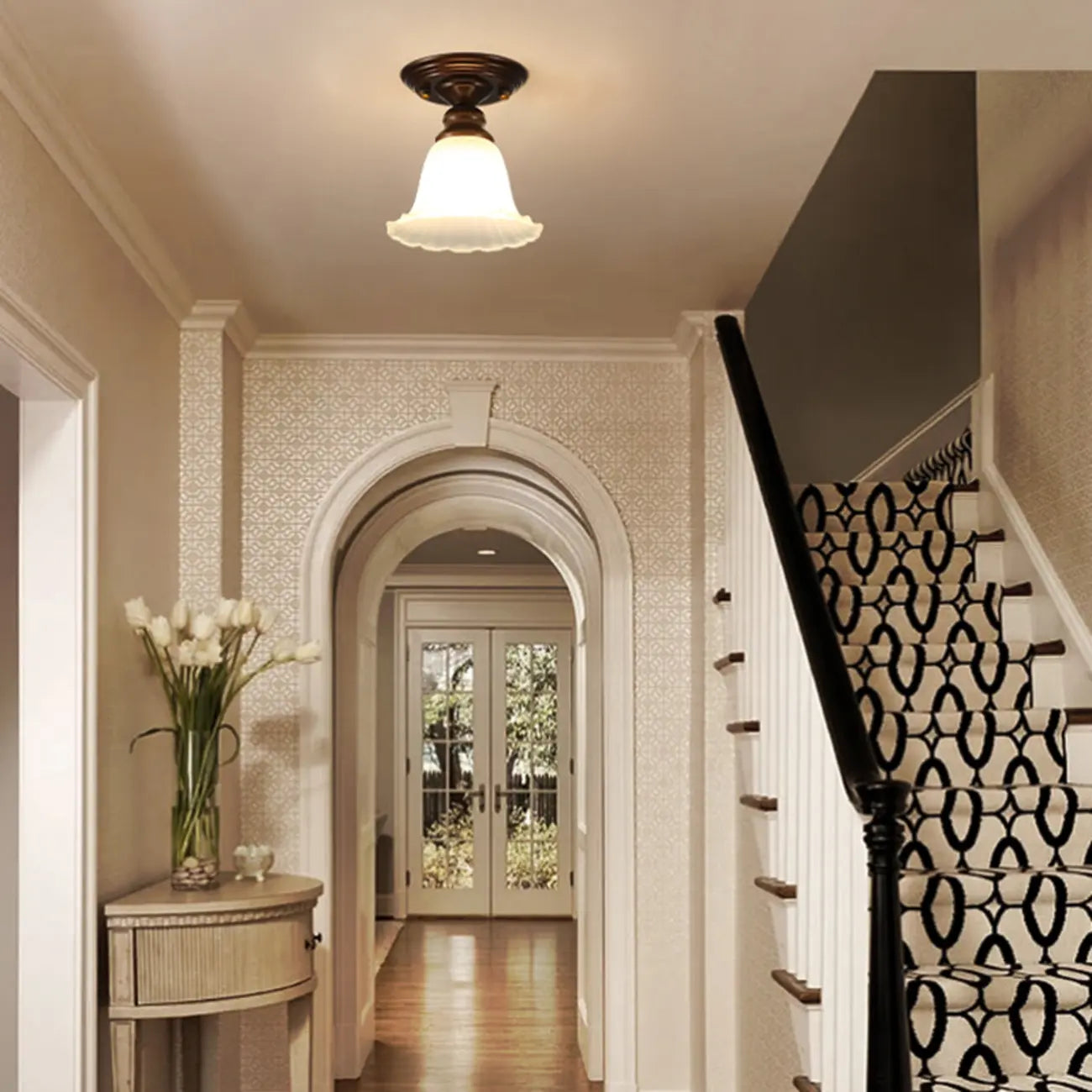 Plafonnier semi-encastré vintage en verre dépoli brun à motif floral