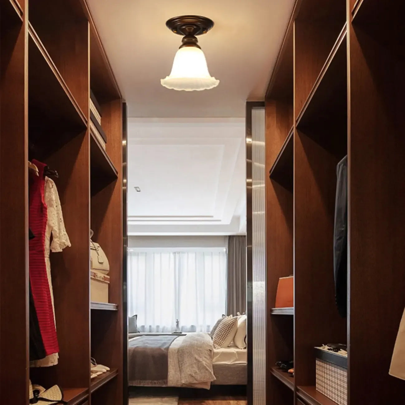 Plafonnier semi-encastré vintage en verre dépoli brun à motif floral