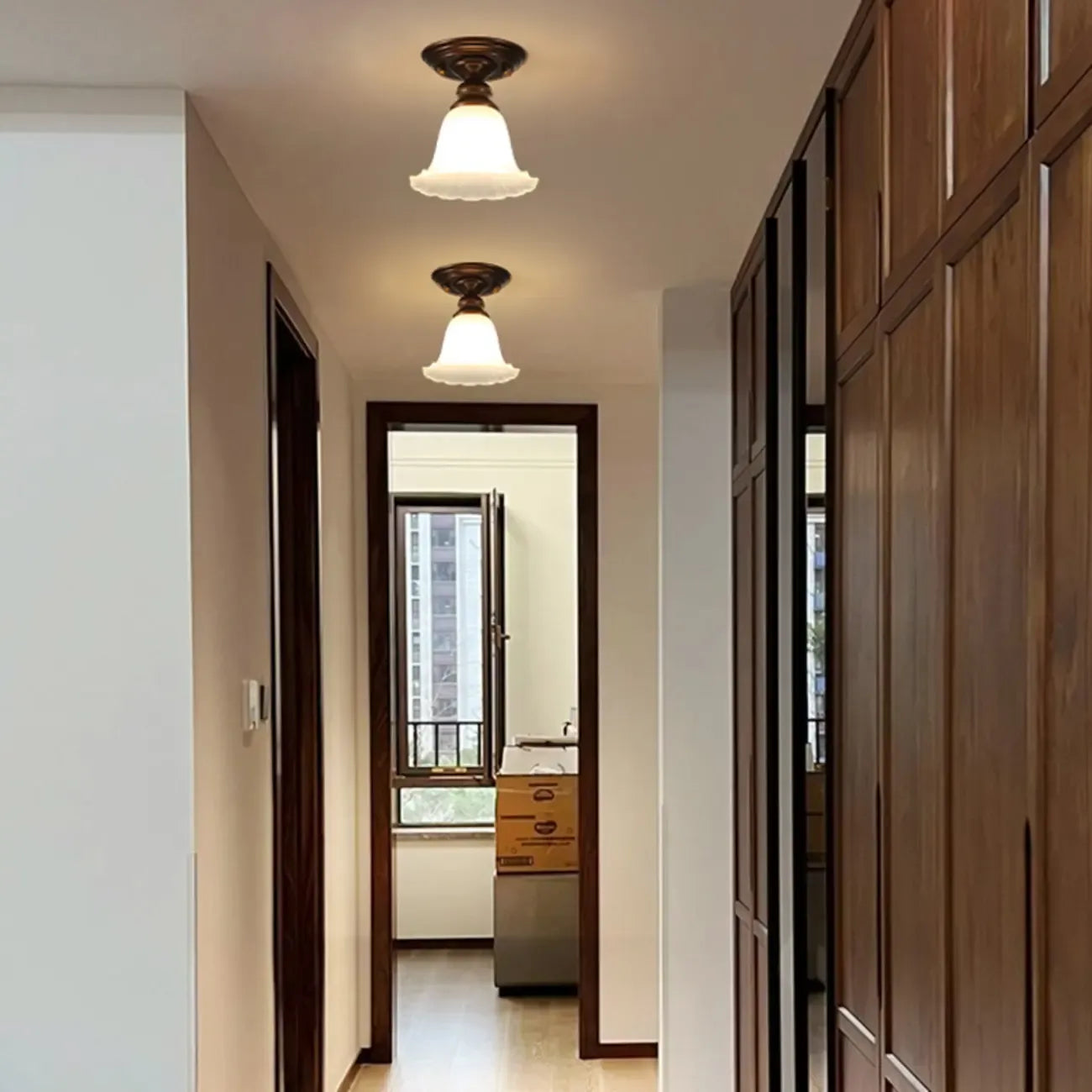 Plafonnier semi-encastré vintage en verre dépoli brun à motif floral