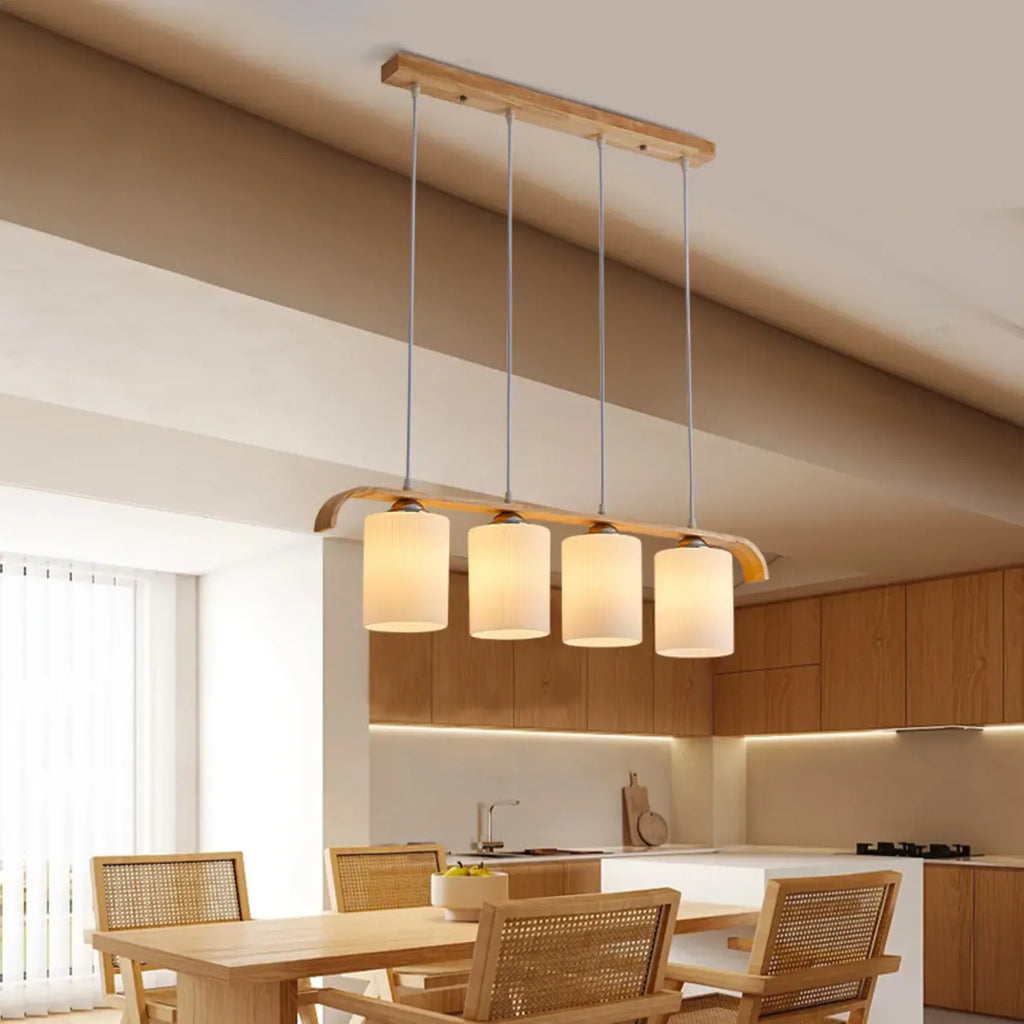 Suspension rustique cylindrique en verre et bois pour îlot de cuisine