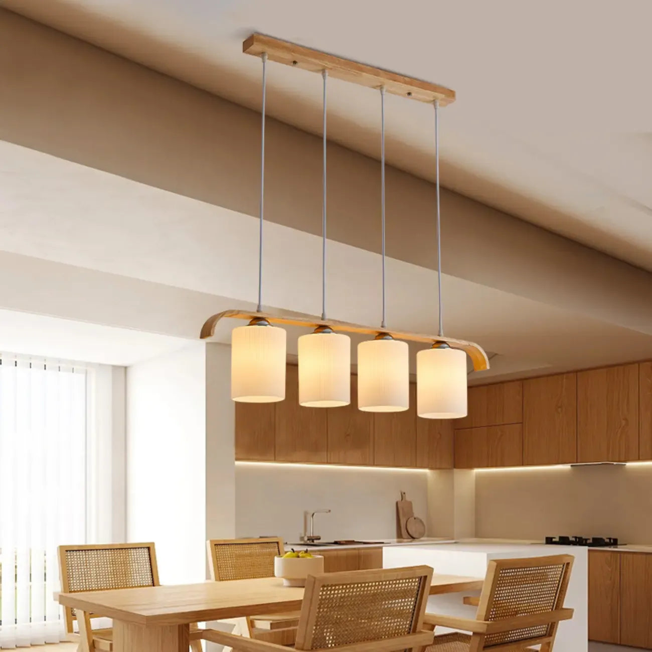 Suspension rustique cylindrique en verre et bois pour îlot de cuisine