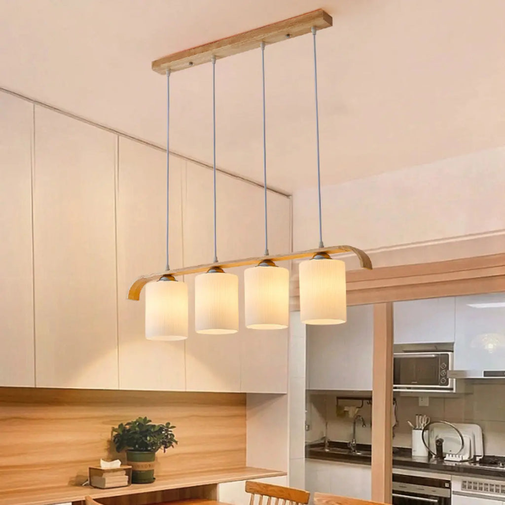 Suspension rustique cylindrique en verre et bois pour îlot de cuisine