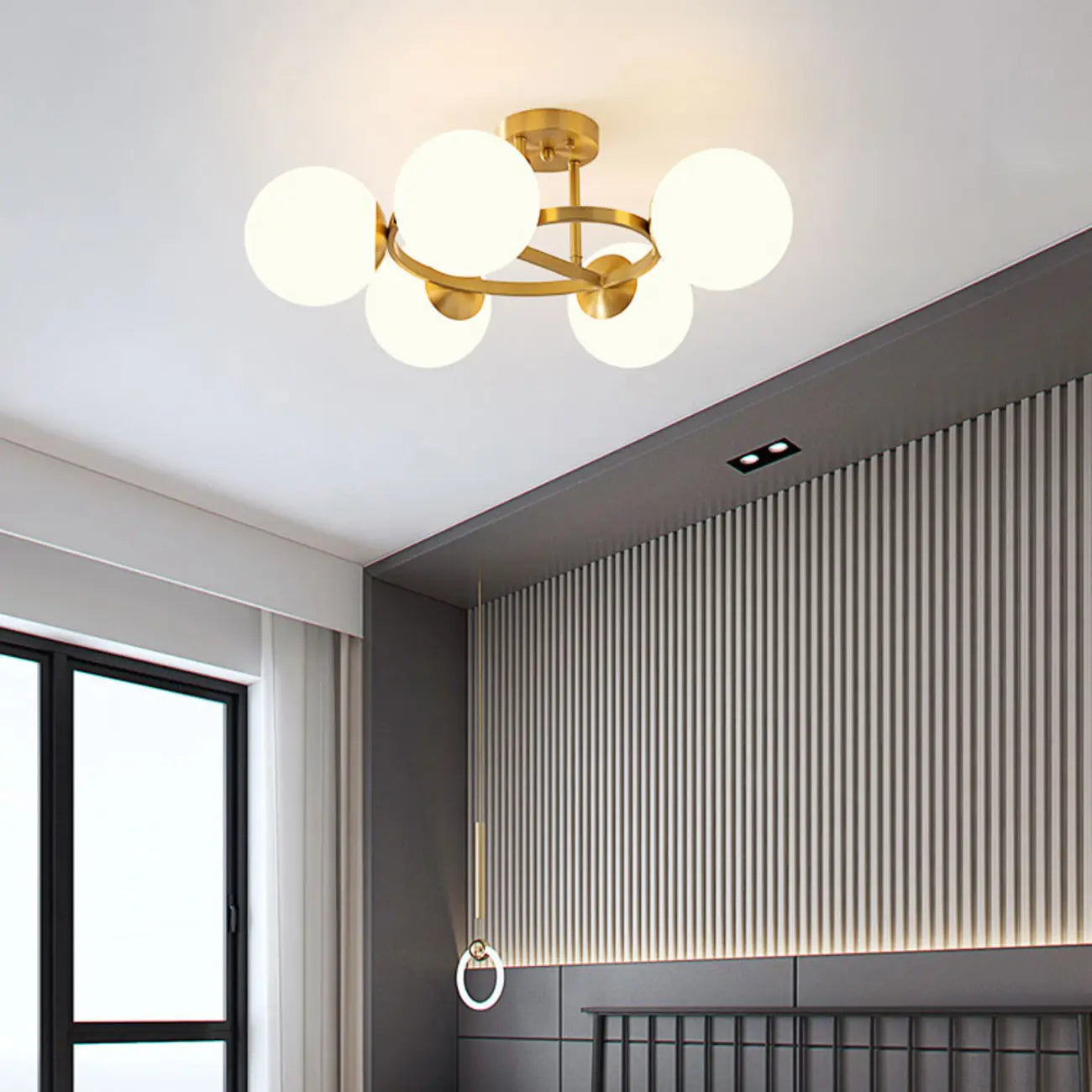 Plafonnier semi-encastré moderne en verre et globe doré à boucle