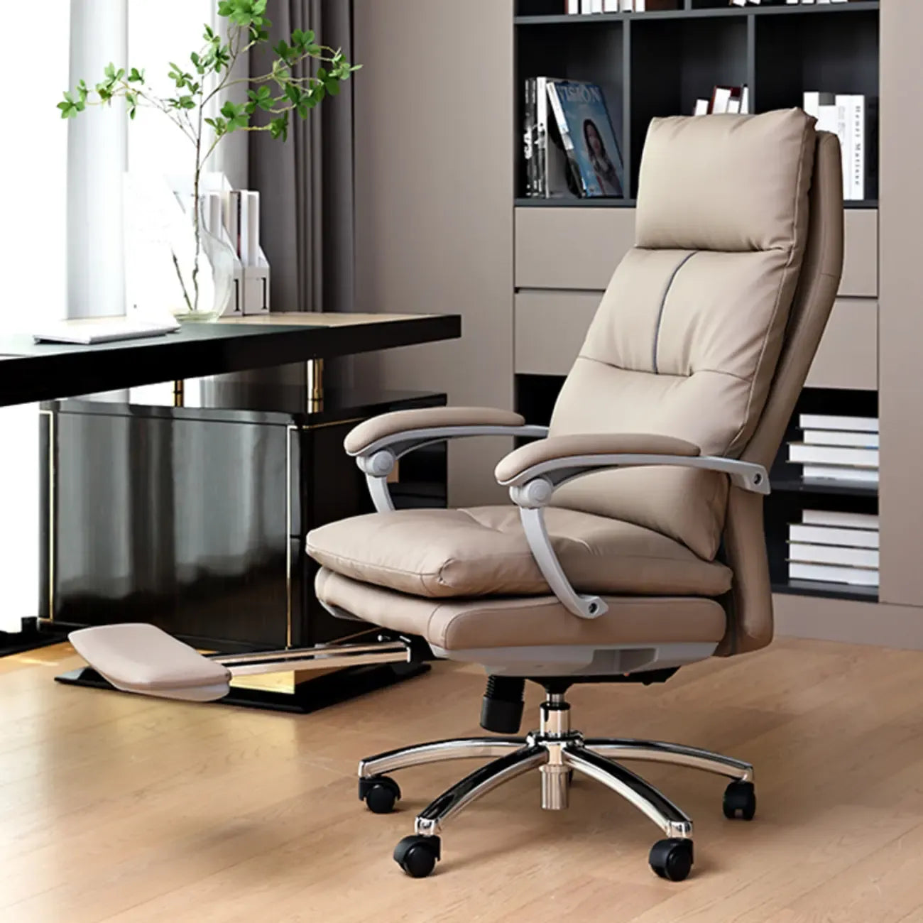 Fauteuil de bureau pivotant réglable en cuir marron rembourré