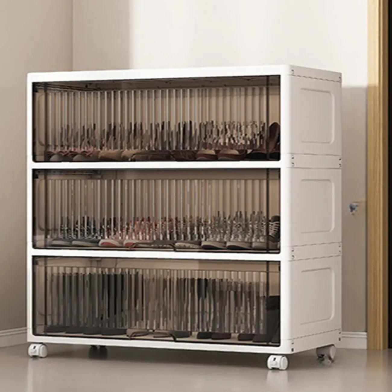 Meuble à chaussures blanc en plastique à façade rabattable avec roulettes pour couloir