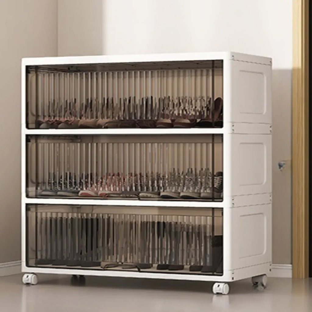 Meuble à chaussures blanc en plastique à façade rabattable avec roulettes pour couloir