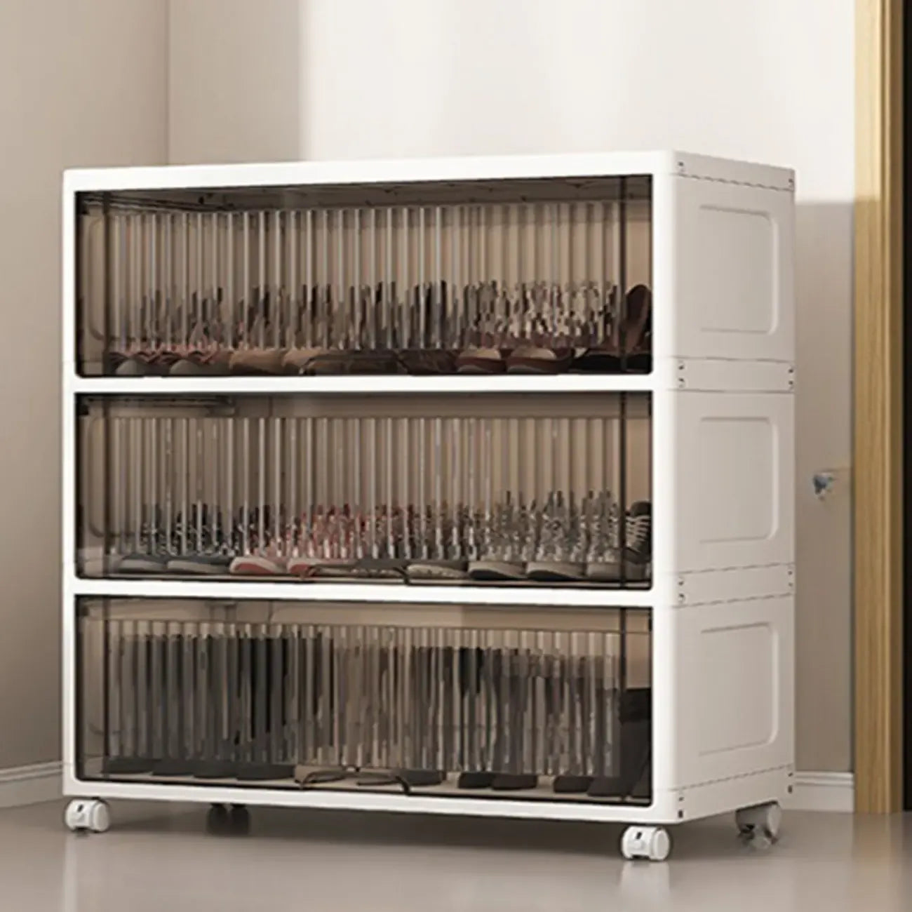 Meuble à chaussures blanc en plastique à façade rabattable avec roulettes pour couloir