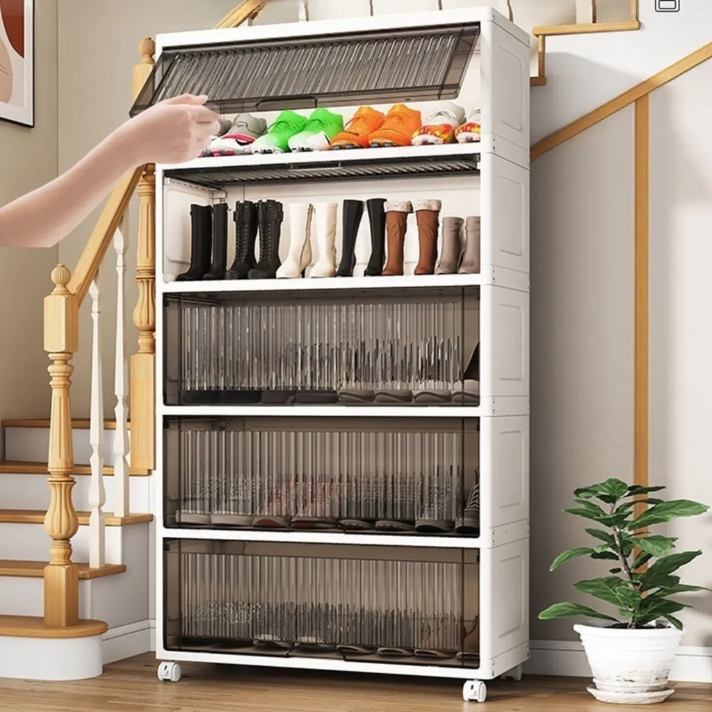 Meuble à chaussures blanc en plastique à façade rabattable avec roulettes pour couloir