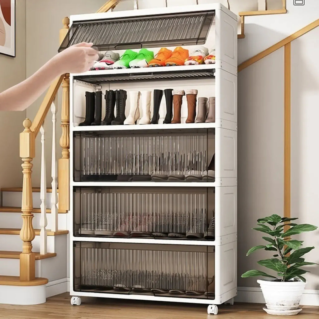 Meuble à chaussures blanc en plastique à façade rabattable avec roulettes pour couloir