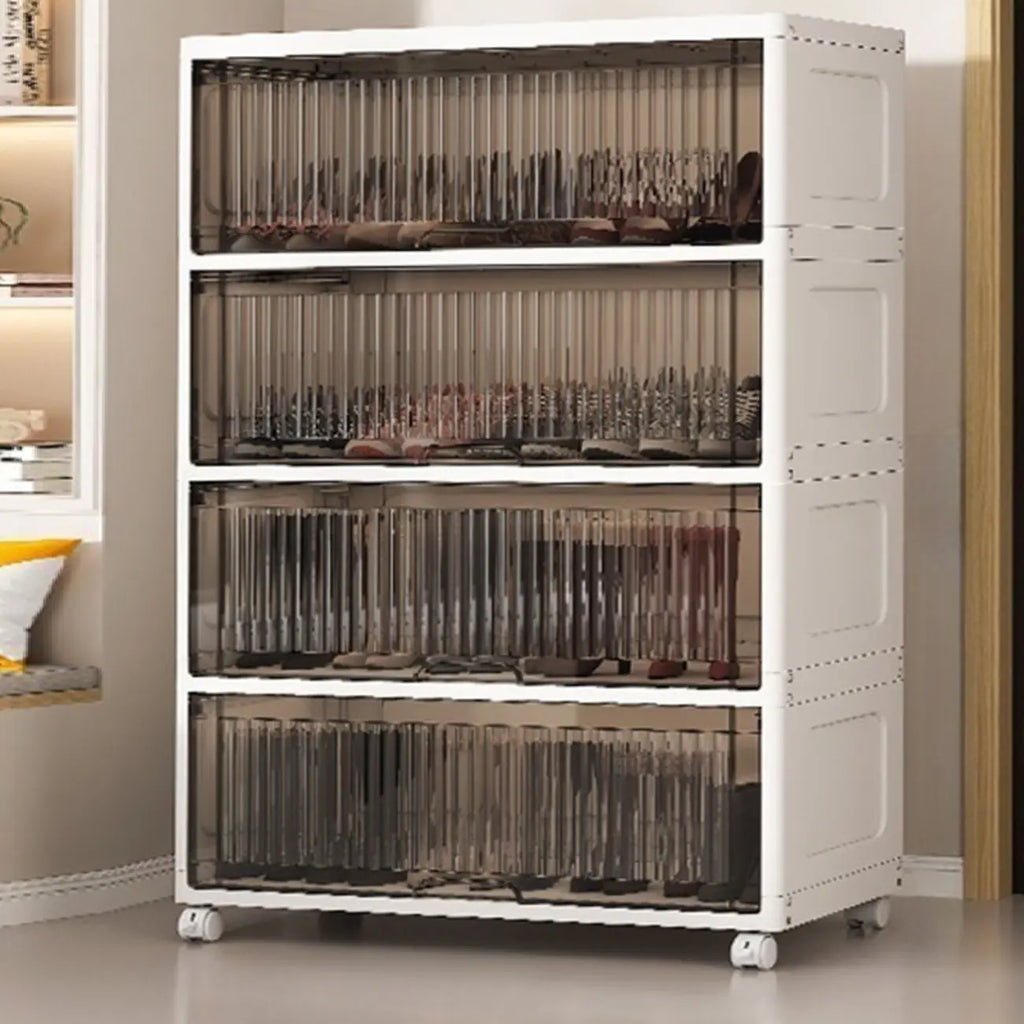 Meuble à chaussures blanc en plastique à façade rabattable avec roulettes pour couloir