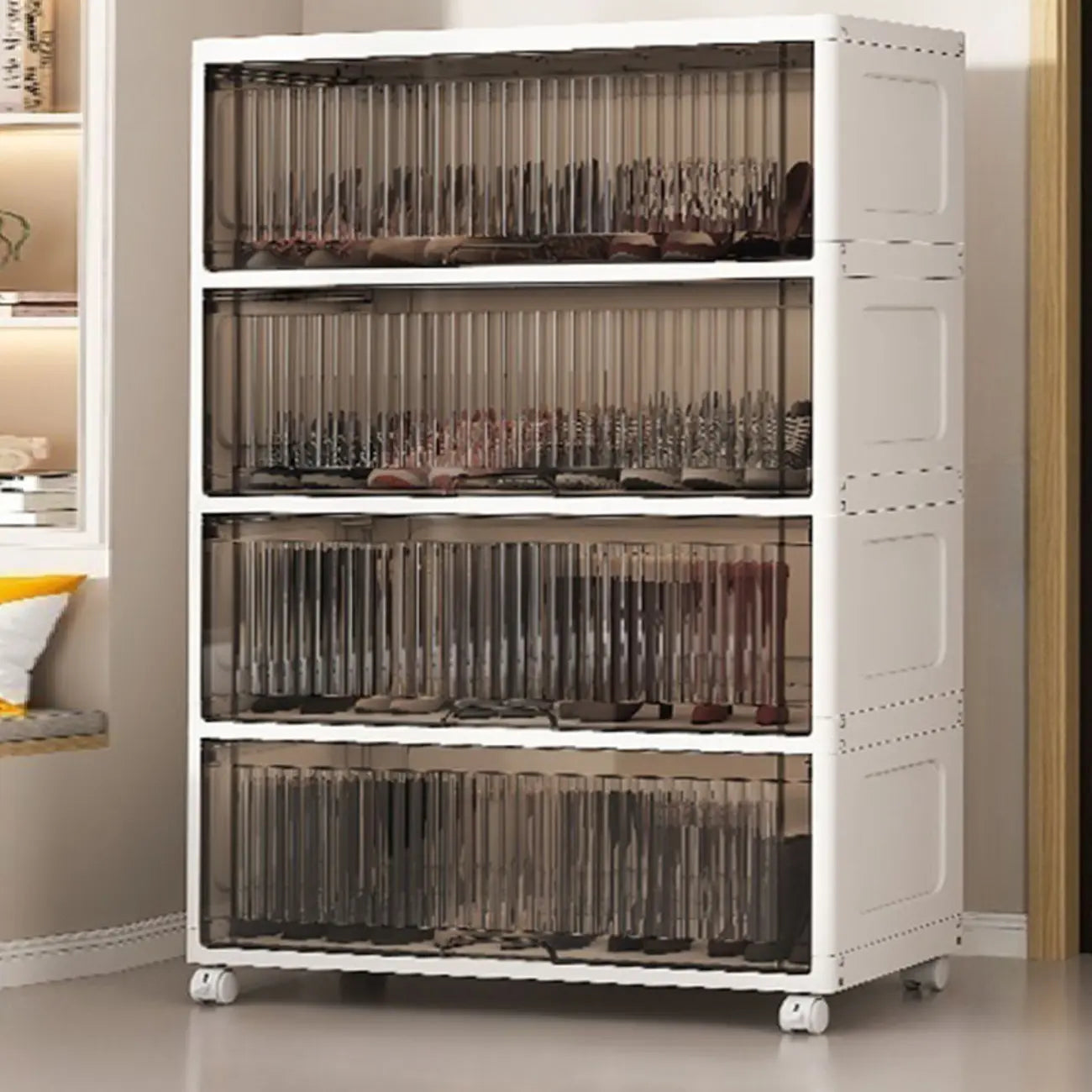 Meuble à chaussures blanc en plastique à façade rabattable avec roulettes pour couloir