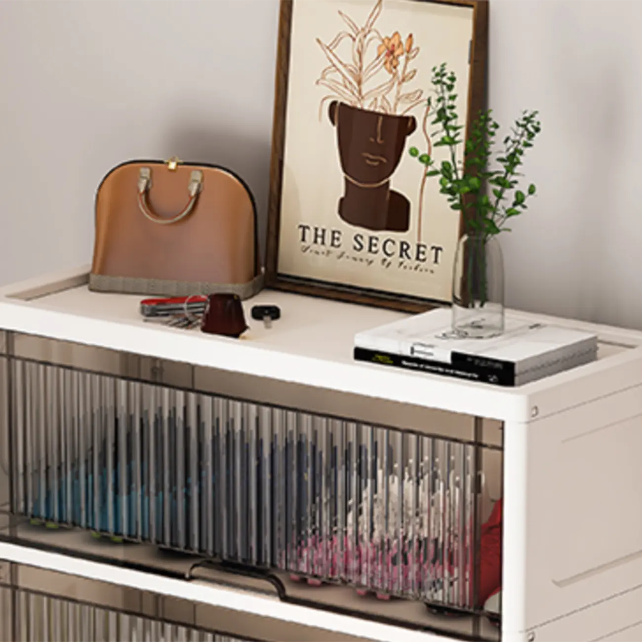 Meuble à chaussures blanc en plastique à façade rabattable avec roulettes pour couloir