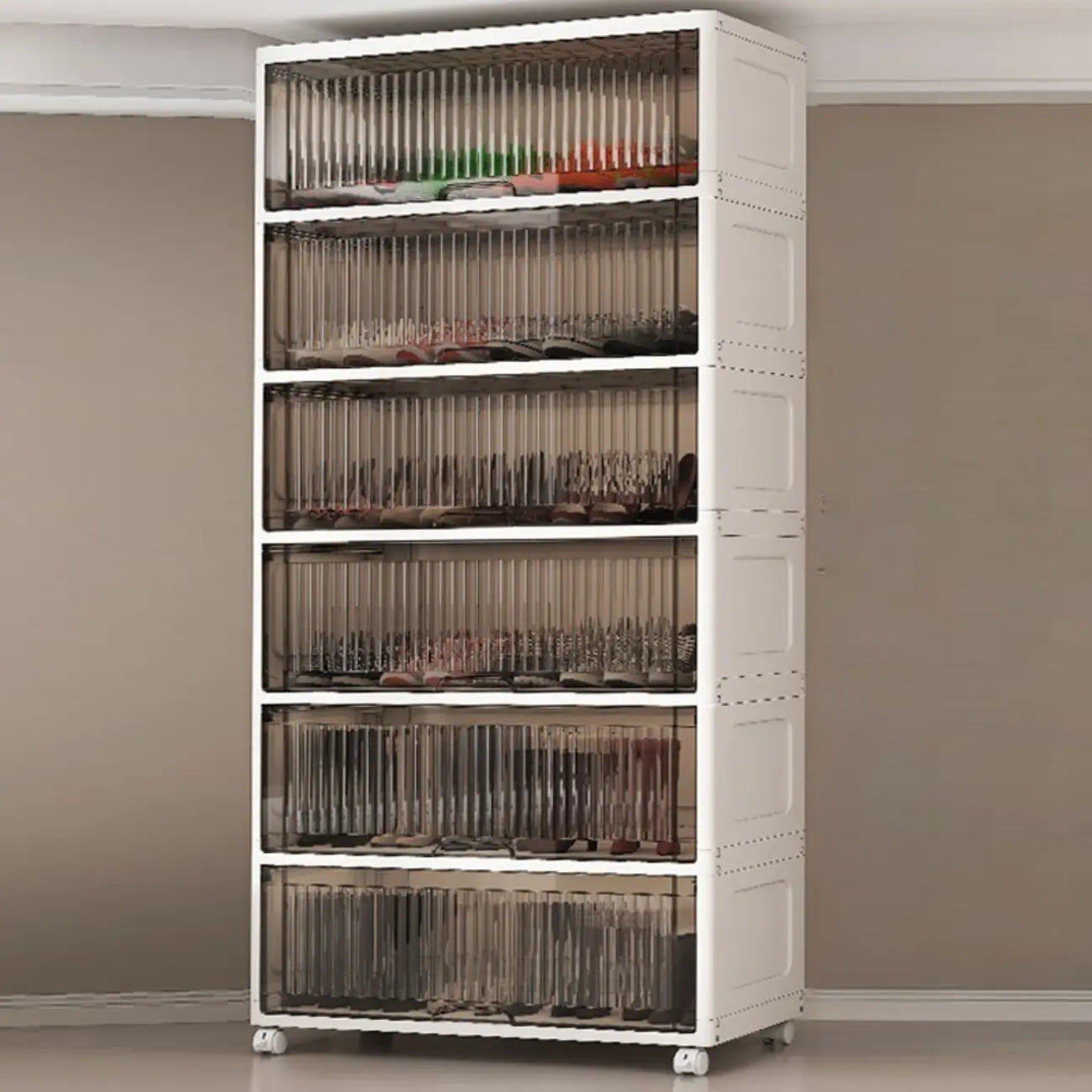 Meuble à chaussures blanc en plastique à façade rabattable avec roulettes pour couloir