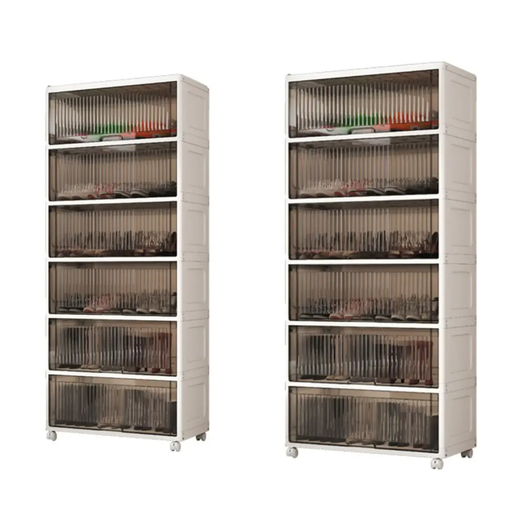 Meuble à chaussures blanc en plastique à façade rabattable avec roulettes pour couloir