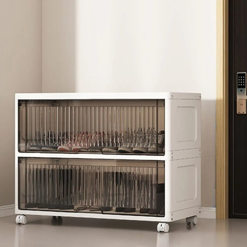 Meuble à chaussures blanc en plastique à façade rabattable avec roulettes pour couloir