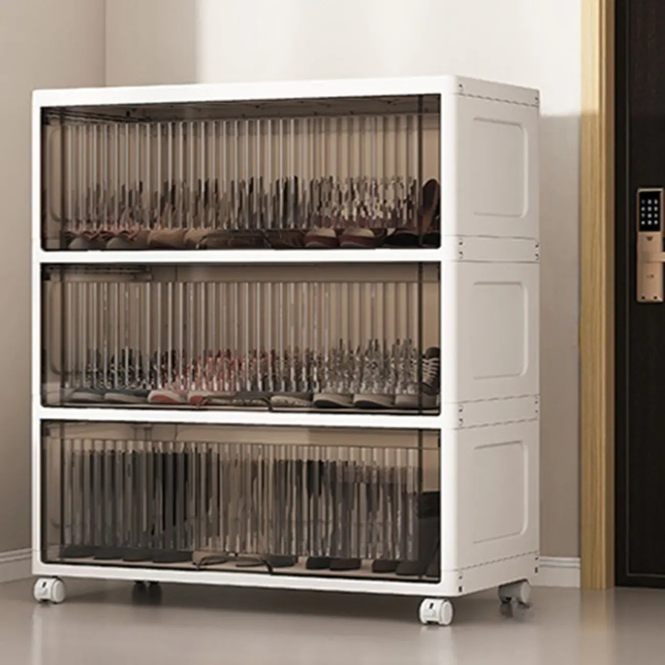 Meuble à chaussures blanc en plastique à façade rabattable avec roulettes pour couloir