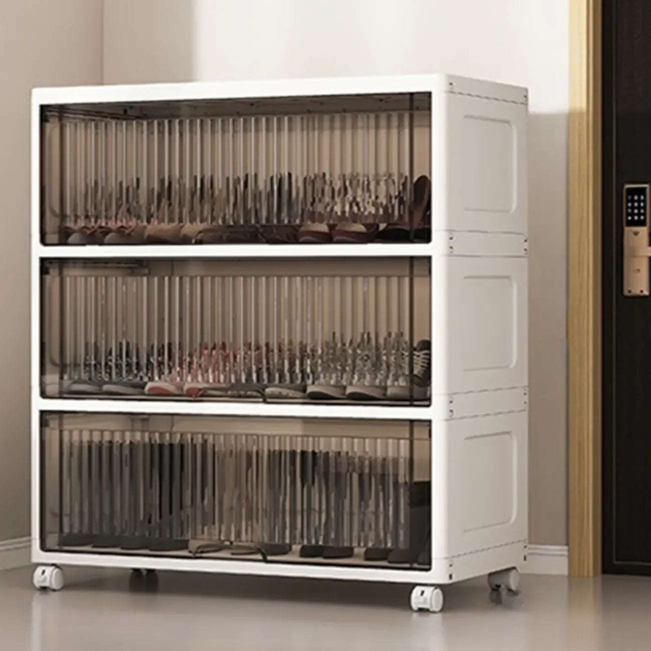 Meuble à chaussures blanc en plastique à façade rabattable avec roulettes pour couloir