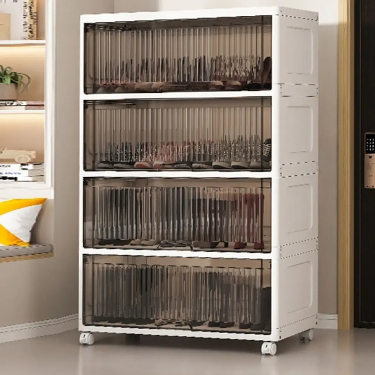 Meuble à chaussures blanc en plastique à façade rabattable avec roulettes pour couloir