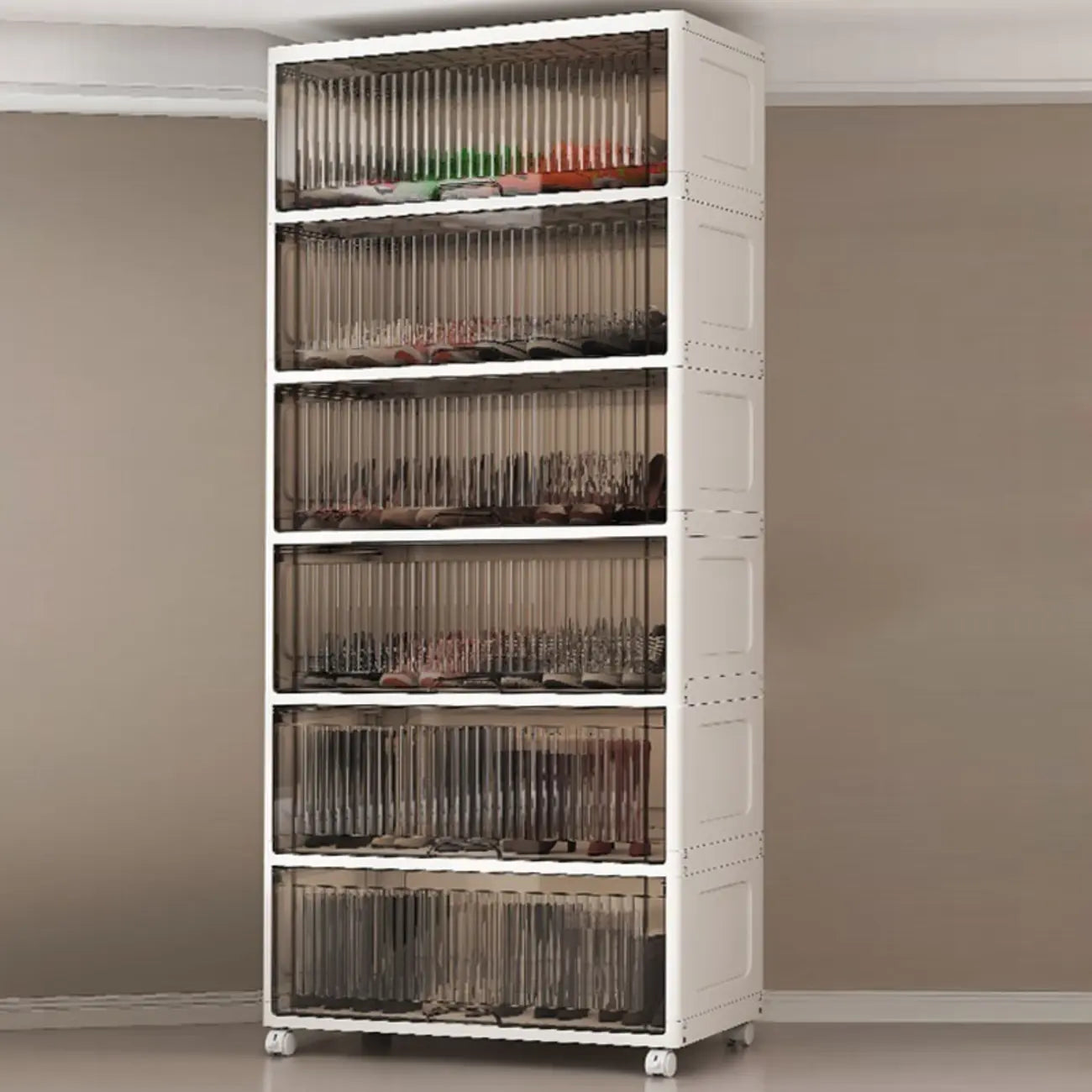 Meuble à chaussures blanc en plastique à façade rabattable avec roulettes pour couloir