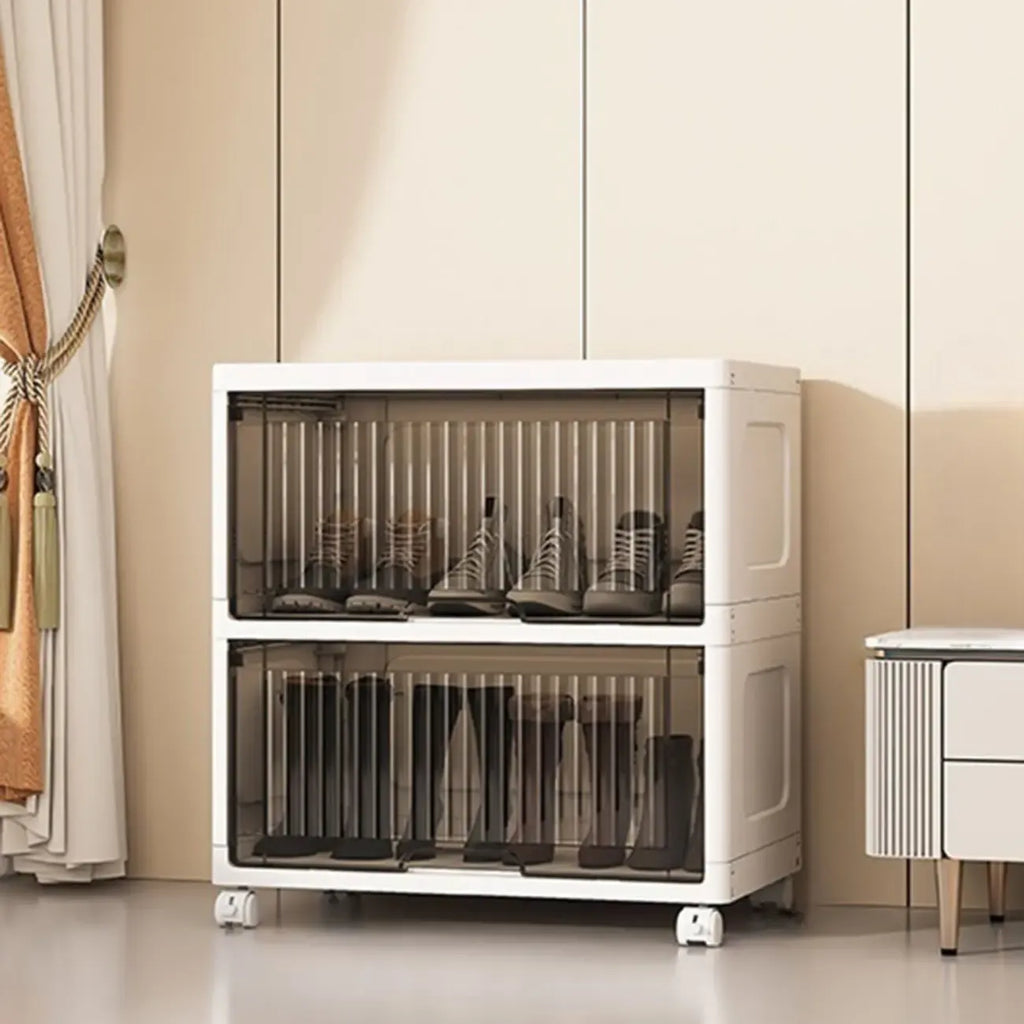 Meuble à chaussures blanc en plastique à façade rabattable avec roulettes pour couloir