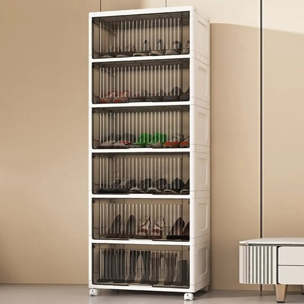 Meuble à chaussures blanc en plastique à façade rabattable avec roulettes pour couloir