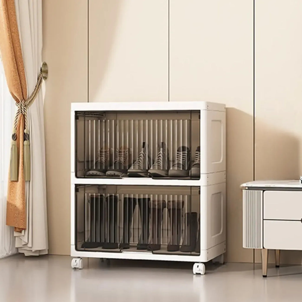 Meuble à chaussures blanc en plastique à façade rabattable avec roulettes pour couloir