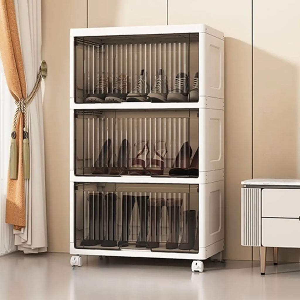 Meuble à chaussures blanc en plastique à façade rabattable avec roulettes pour couloir