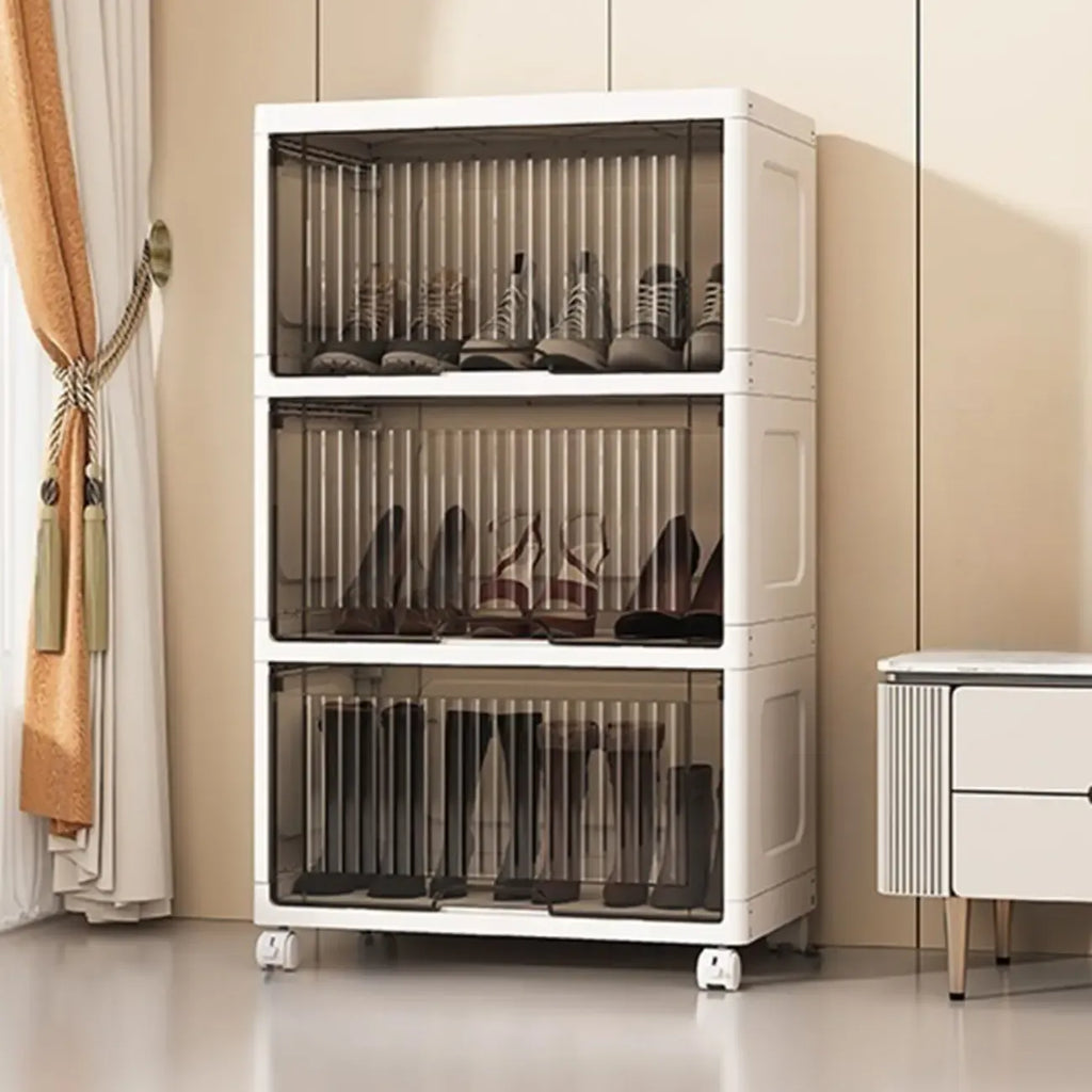 Meuble à chaussures blanc en plastique à façade rabattable avec roulettes pour couloir