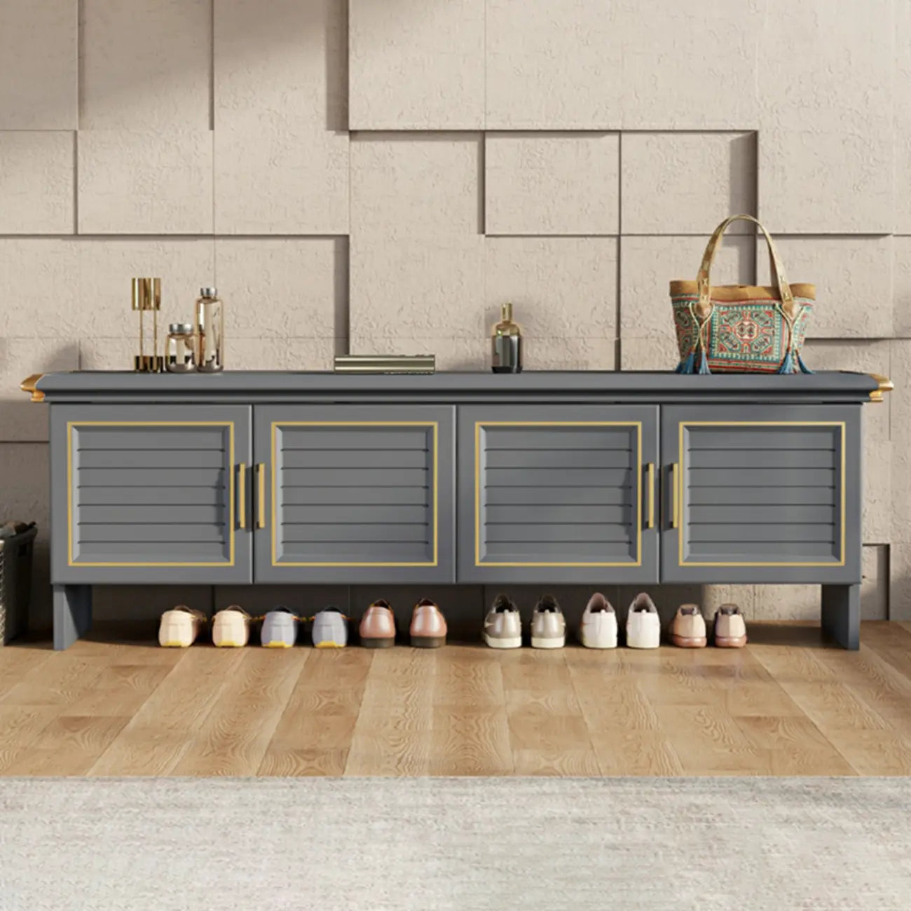 Banc de rangement à chaussures en métal gris rustique pour entrée