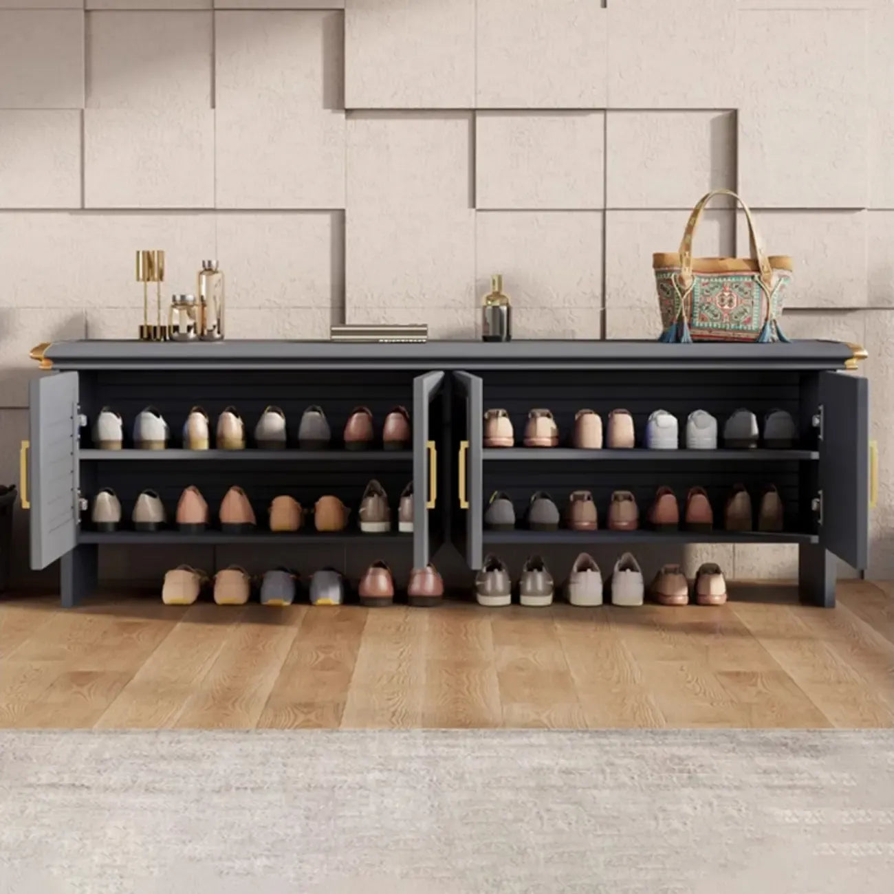 Banc de rangement à chaussures en métal gris rustique pour entrée