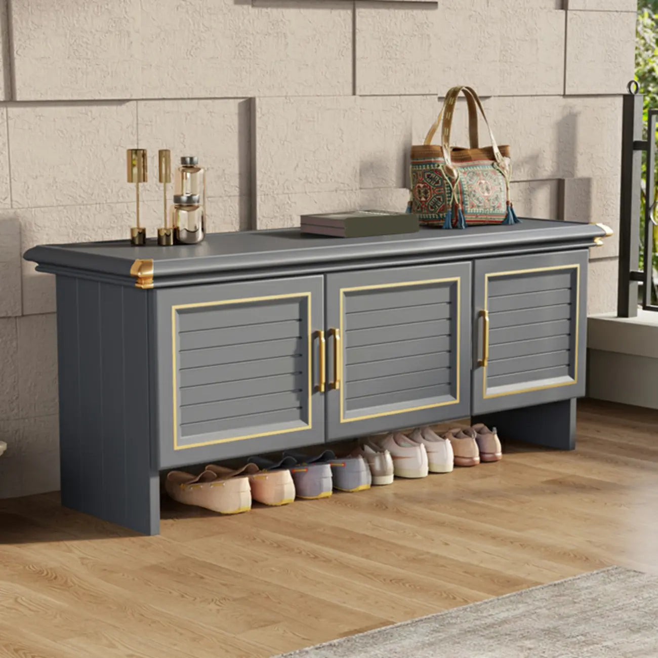 Banc de rangement à chaussures en métal gris rustique pour entrée