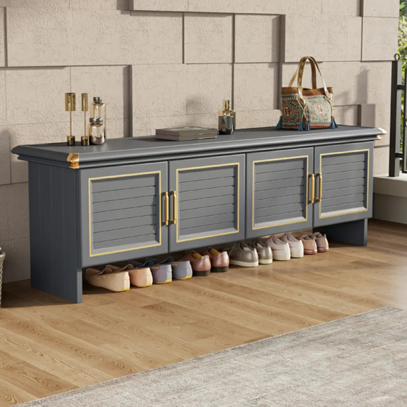 Banc de rangement à chaussures en métal gris rustique pour entrée