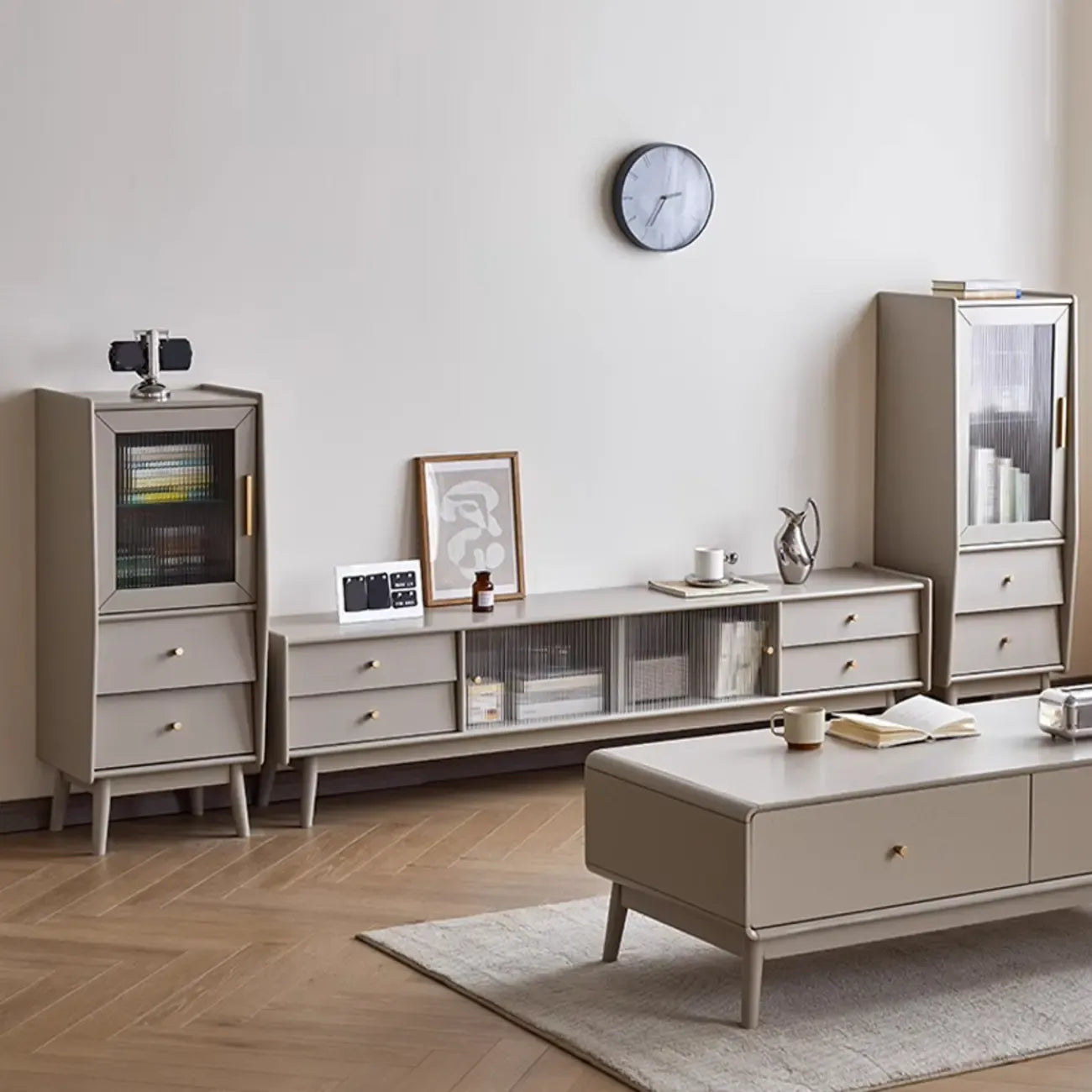 Armoire de rangement moderne en pin gris et verre pour salon