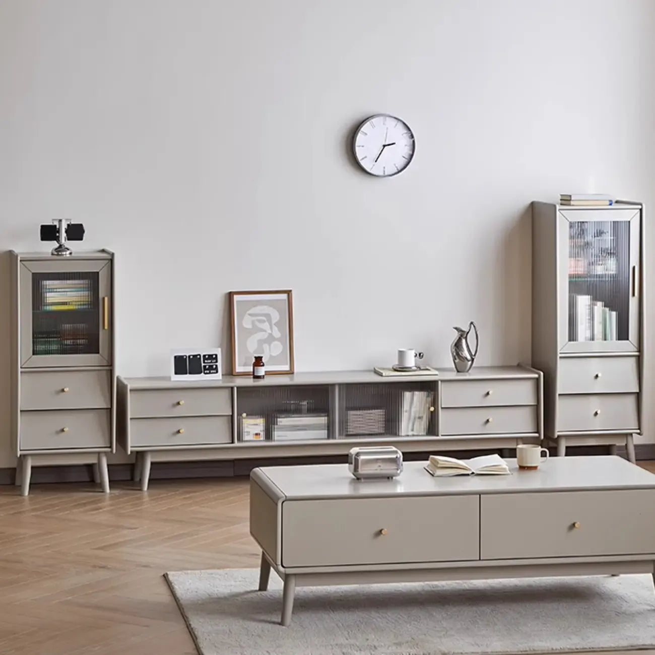 Armoire de rangement moderne en pin gris et verre pour salon