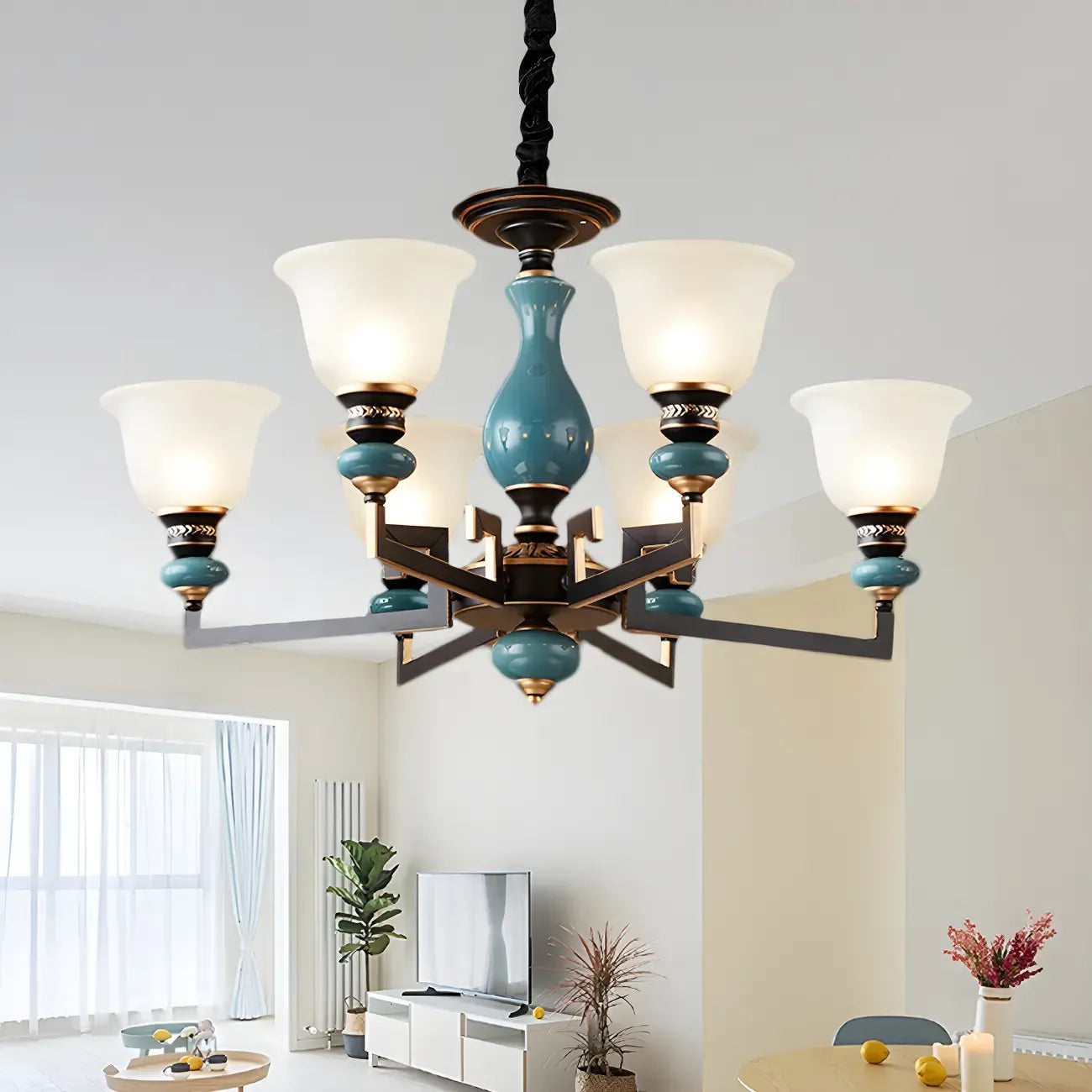 Lustre géométrique en verre et céramique noire