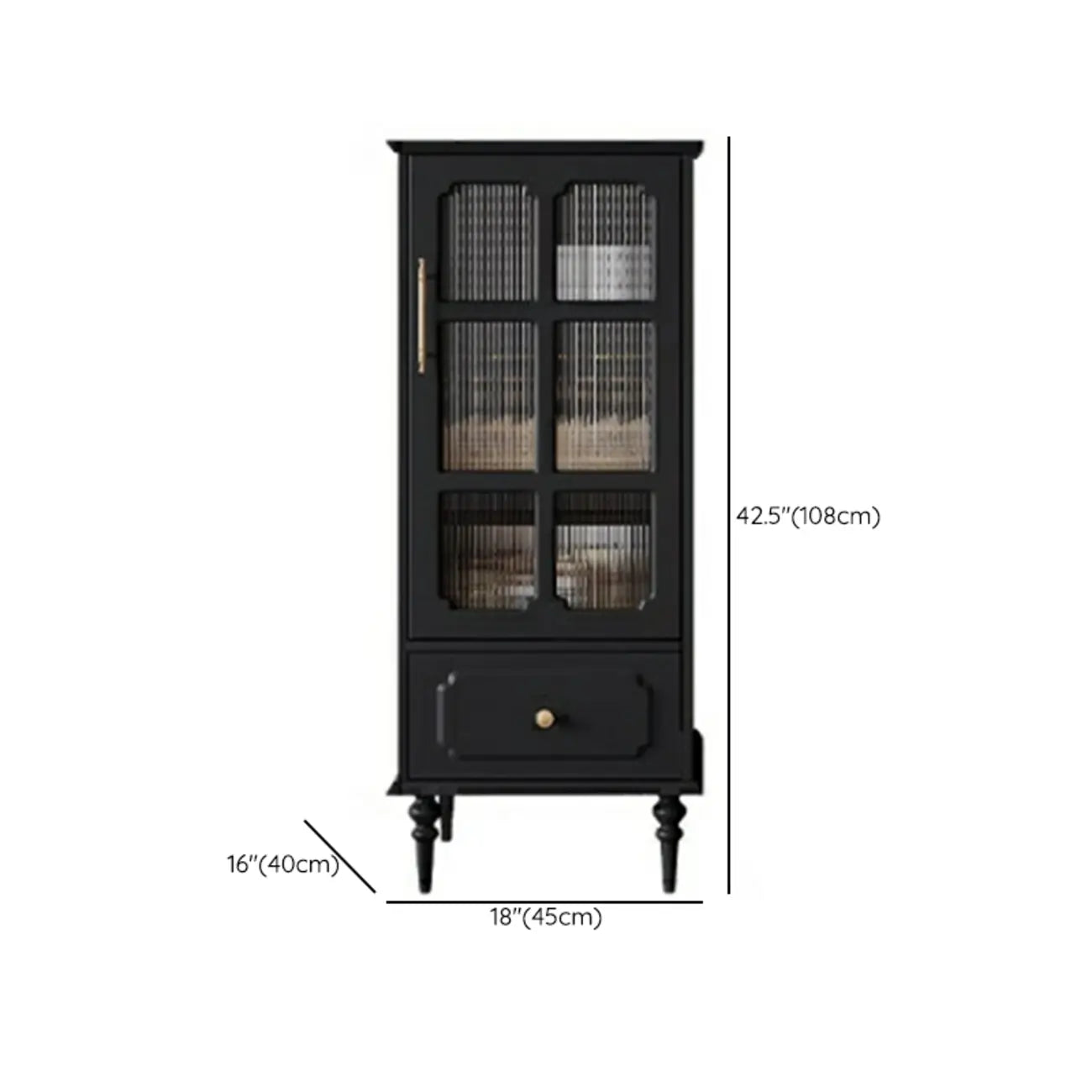 Armoire de rangement classique en bois noir côtelé et verre nervuré